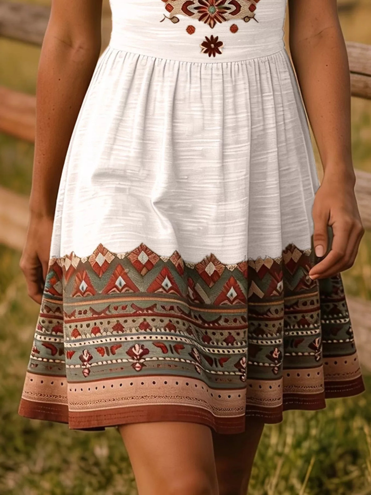 Tribal Print Sleeveless A-Line Summer Dress - White - View 3