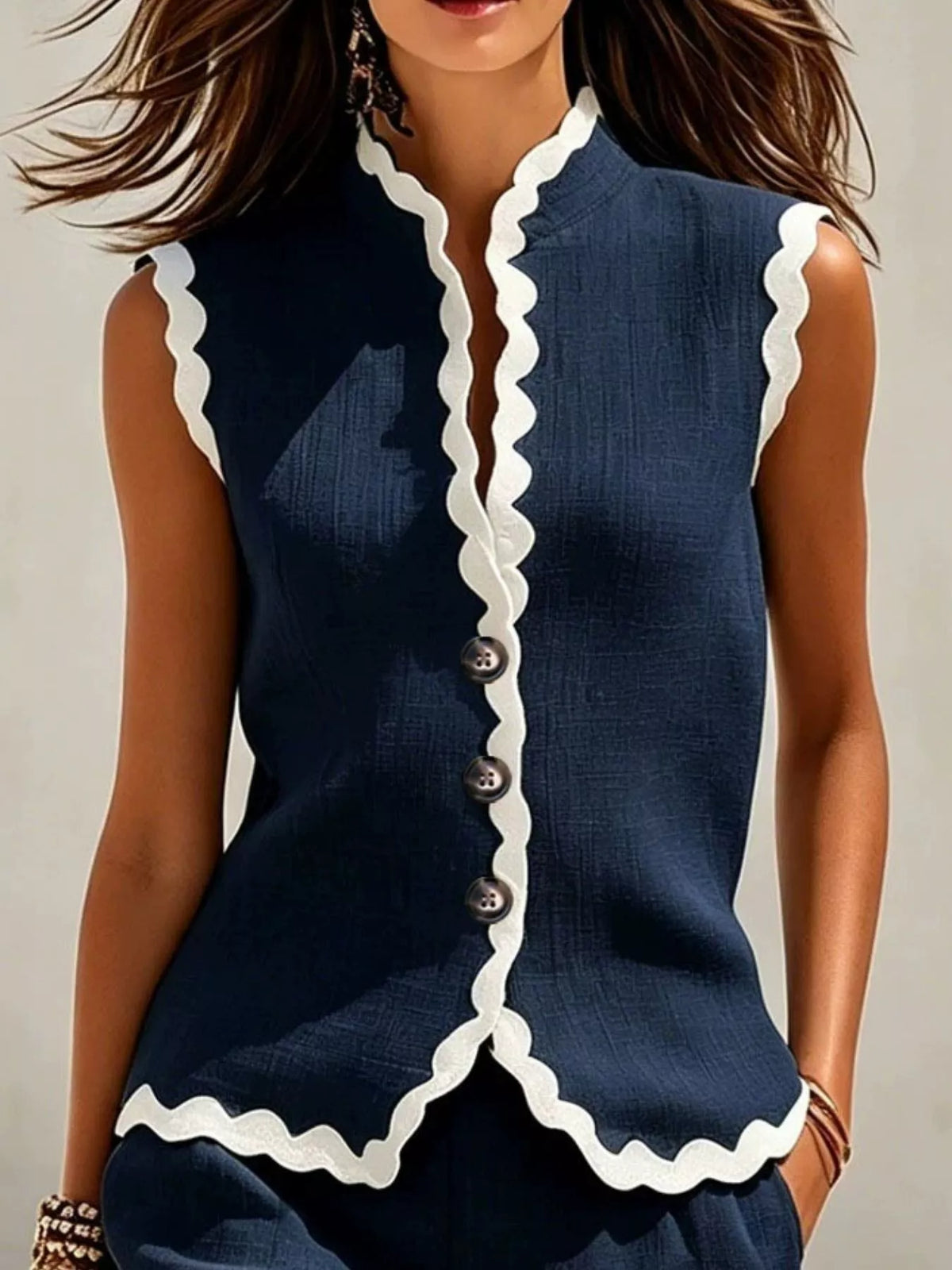Full Size Scalloped Trim Sleeveless Vest and Shorts Two-Piece Set Plus Size - Navy - View 2