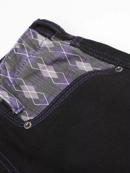 Men's High-Waisted Wide-Leg Jeans with Argyle Pattern Accents - Black - View 10