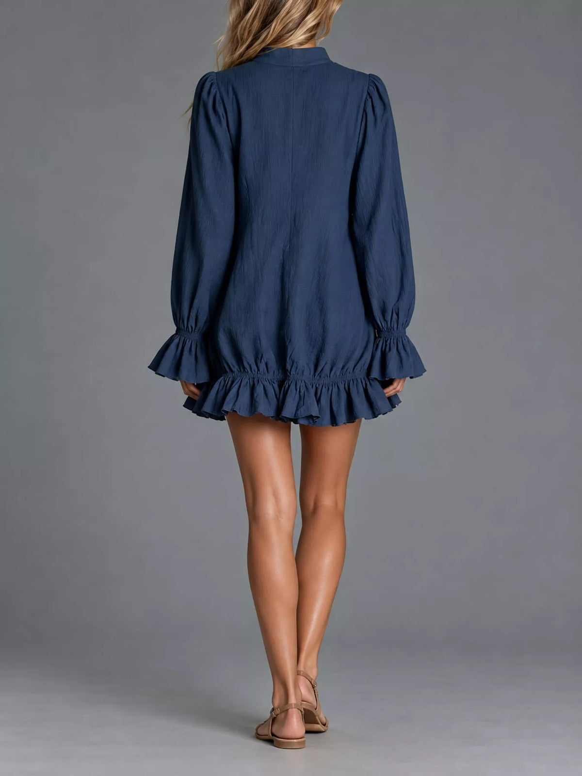 Zipper-Front Ruffle Hem Mini Dress - Navy - View 18