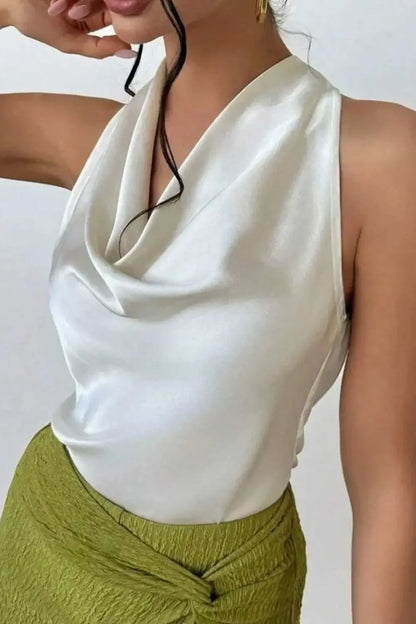 Satin Cowl Neck Sleeveless Blouse - White - View 5