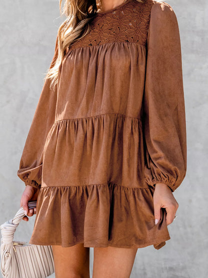 Floral Lace Crochet Tiered Ruffled Mini Dress - All Colors - View 1