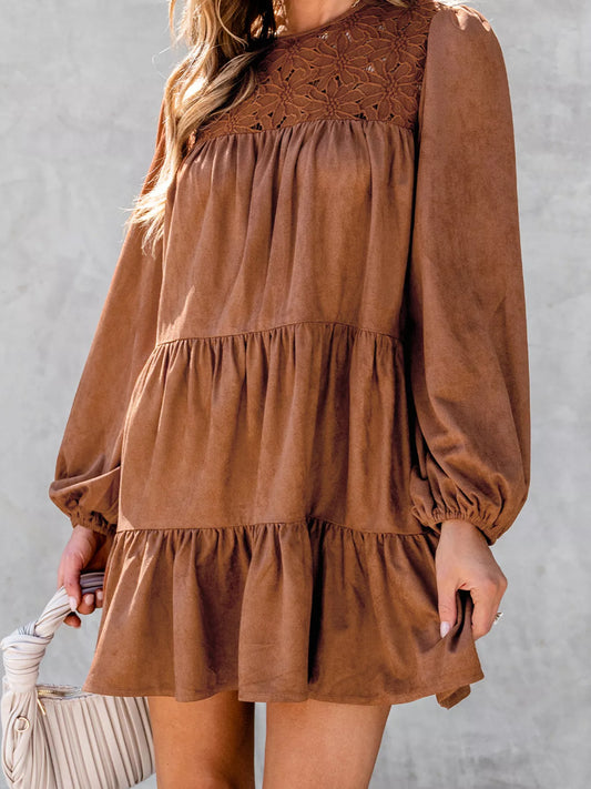 Floral Lace Crochet Tiered Ruffled Mini Dress - All Colors - View 1