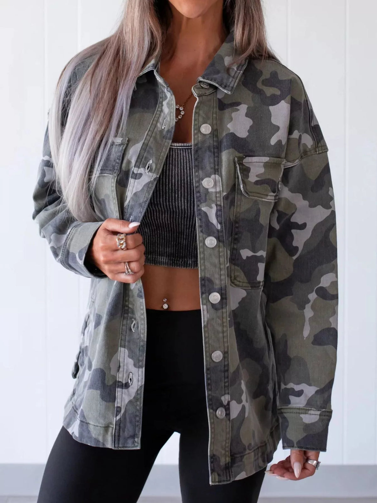 Oversized Camouflage Print Button Up Denim Jacket - Olive Green - View 2
