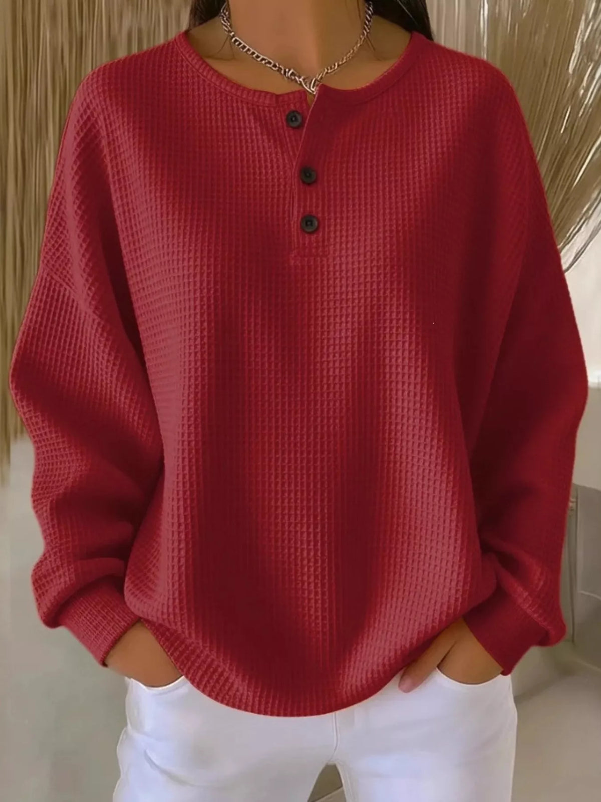 Full Size Waffle Knit Button Detail Top Plus Size - Red - View 1