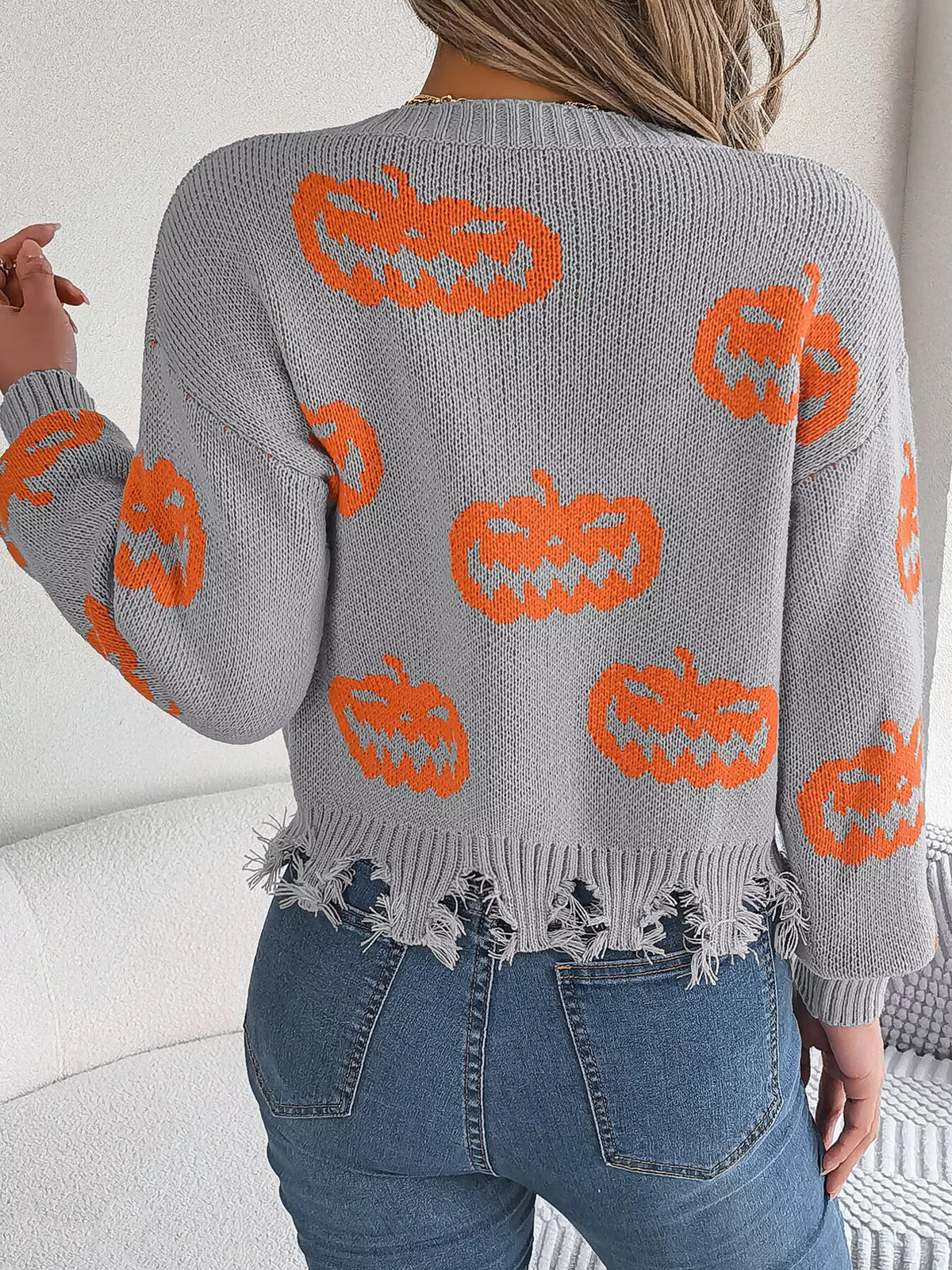 Pumpkin Distressed Hem Sweater - Gray - View 7