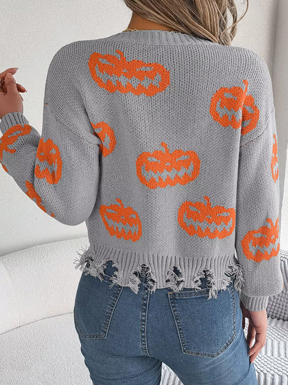 Pumpkin Distressed Hem Sweater - Gray - View 7