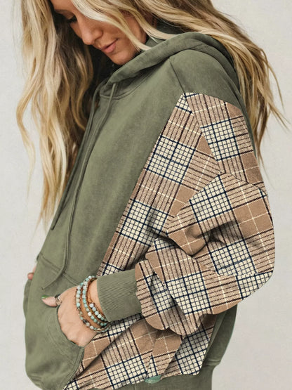 Plaid Sleeve Drawstring Pocket Hoodie - Sage - View 3