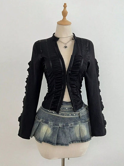 Ruched Slim-Fit Long Sleeve Top - Black - View 3