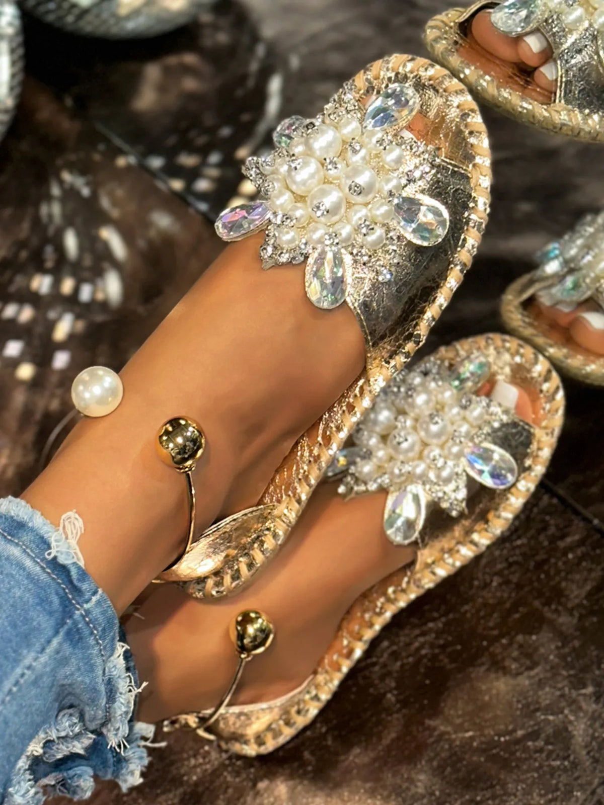 Pearl Embellished Flat Sandals - Gold - View 1