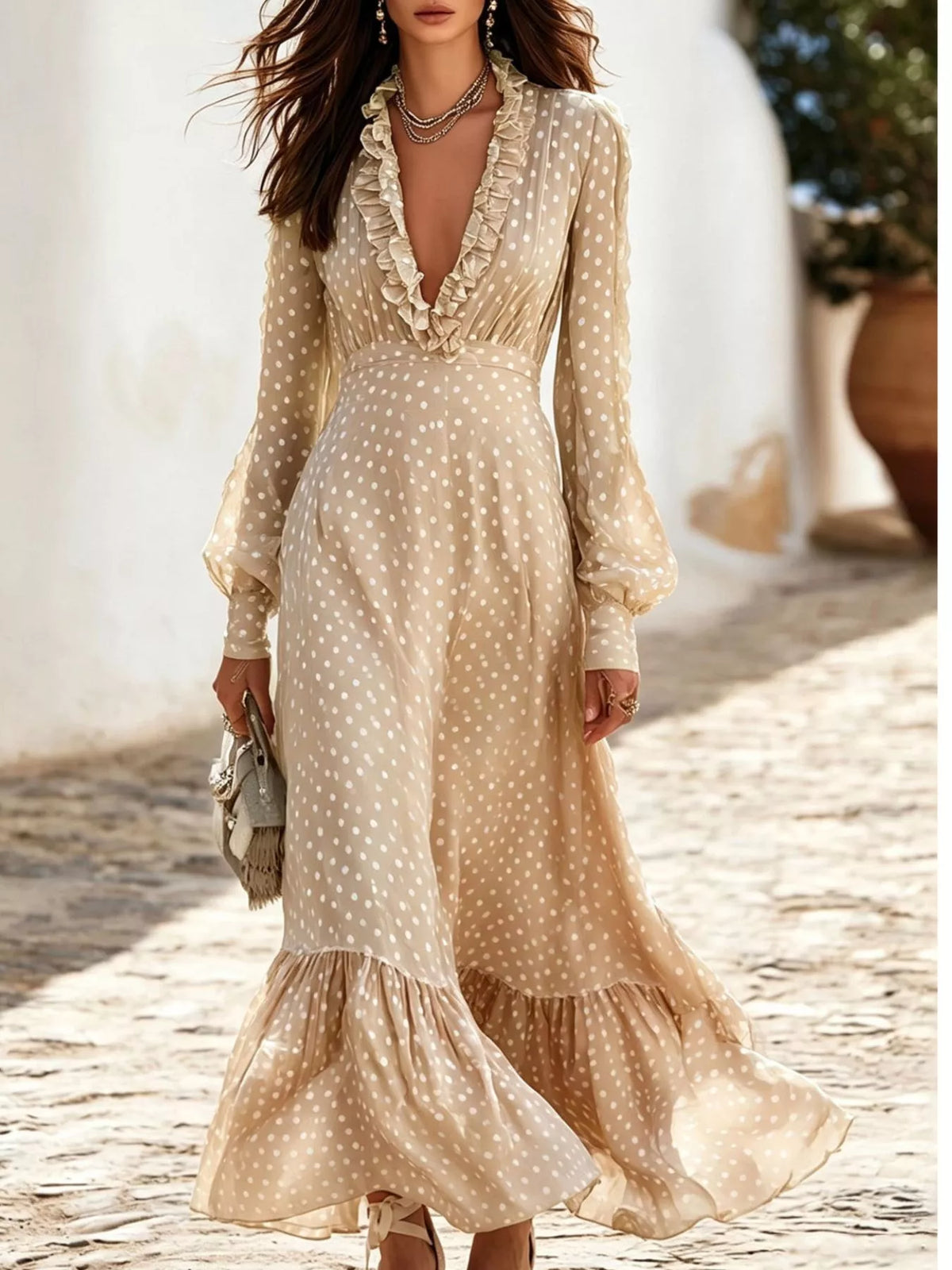 Full Size Polka Dot Ruffle V-Neck Maxi Dress Plus Size - Tan - View 3
