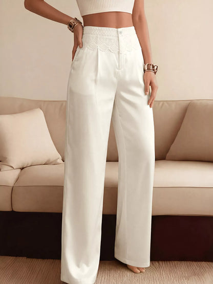 Lace Waist Wide Leg Pants - Beige - View 2