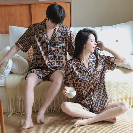 Cotton-Like Couple Sleepwear Set Spring Autumn High-End Flip Collar Short Sleeve Short Pants Loungewear Set Wearable Outside