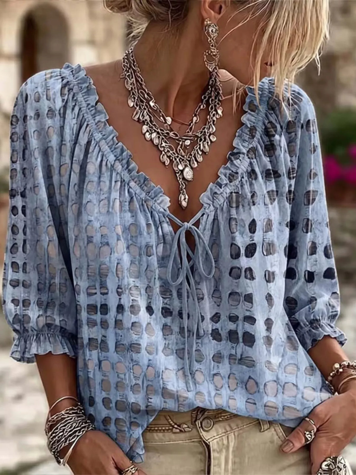 Full Size Tie Neck 3/4 Sleeve Blouse Plus Size - Sky Blue - View 5
