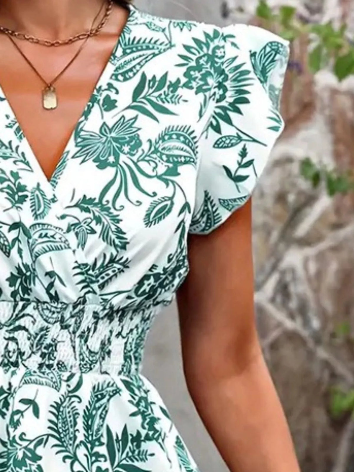 Printed Ruffle Sleeve Smocked Waist Mini Dress - Green - View 2