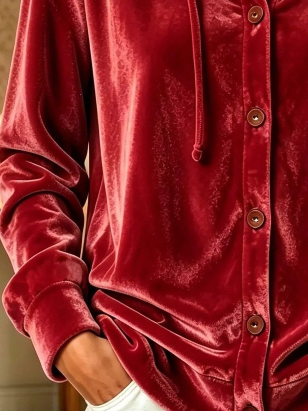Full Size Velvet Button-Down Hooded Top Plus Size - Burgundy - View 3