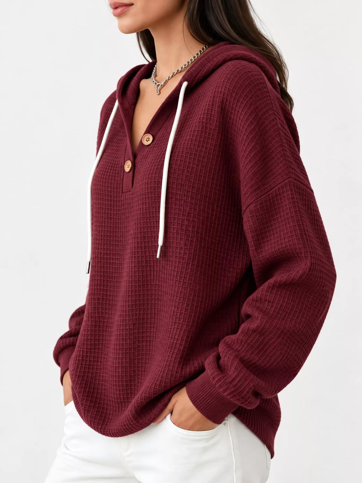 Full Size Waffle Knit Button Detail Hoodie Plus Size - Wine Red - View 26