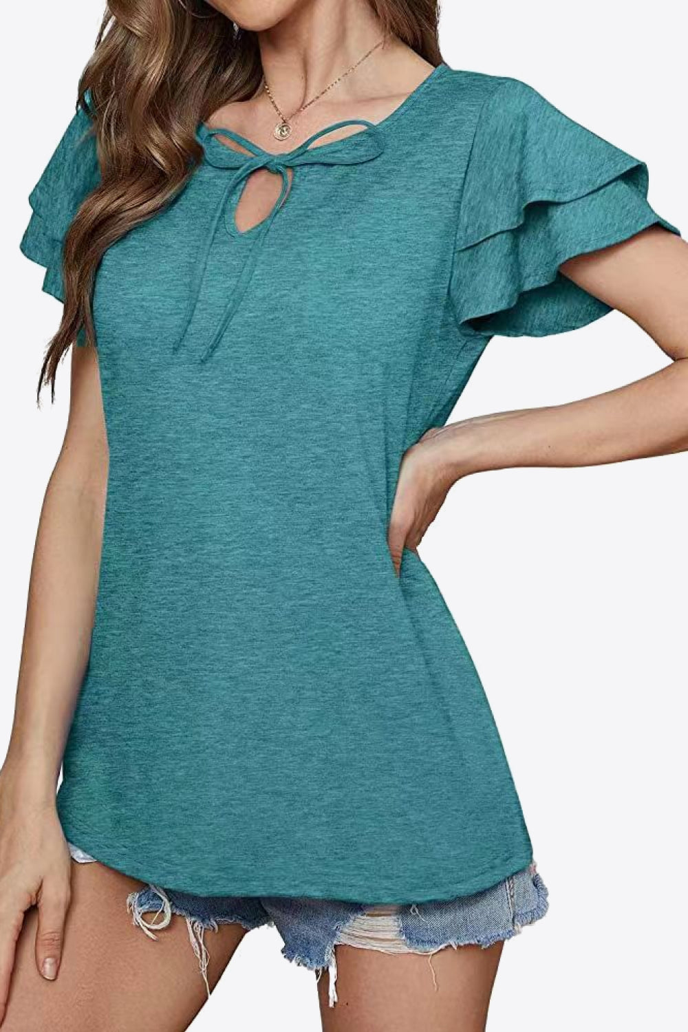 Tie-Neck Layered Flutter Sleeve Blouse - Air Force Blue - View 17
