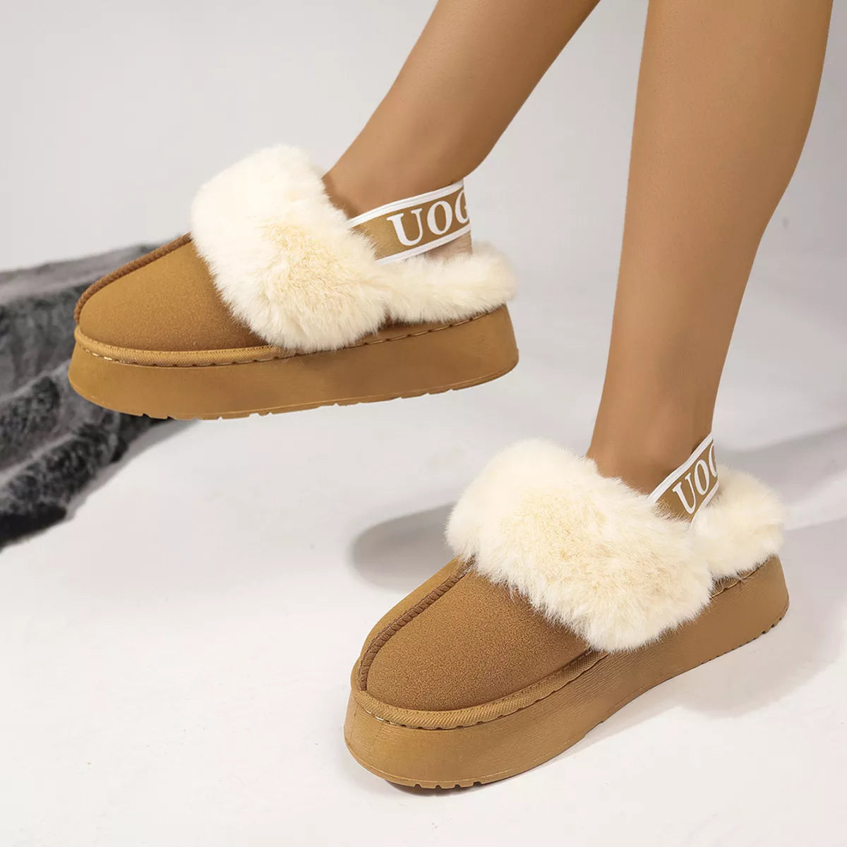Round Toe Fur Trim Platform Slippers - Caramel - View 8