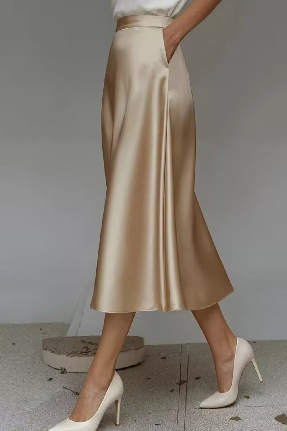 Satin A-Line Midi Skirt - Khaki - View 13