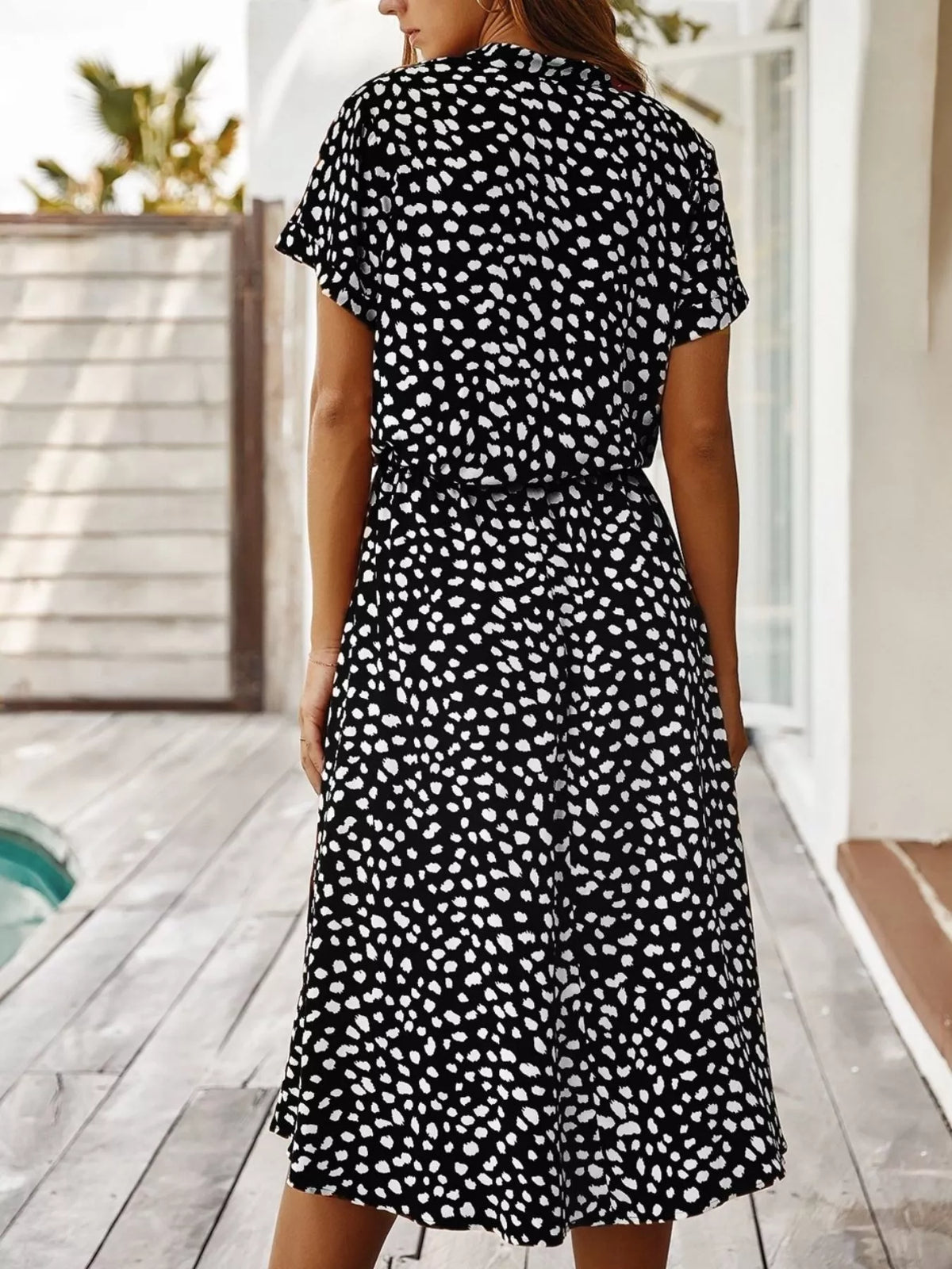 Animal Print Drawstring Waist Midi Dress - Black - View 2