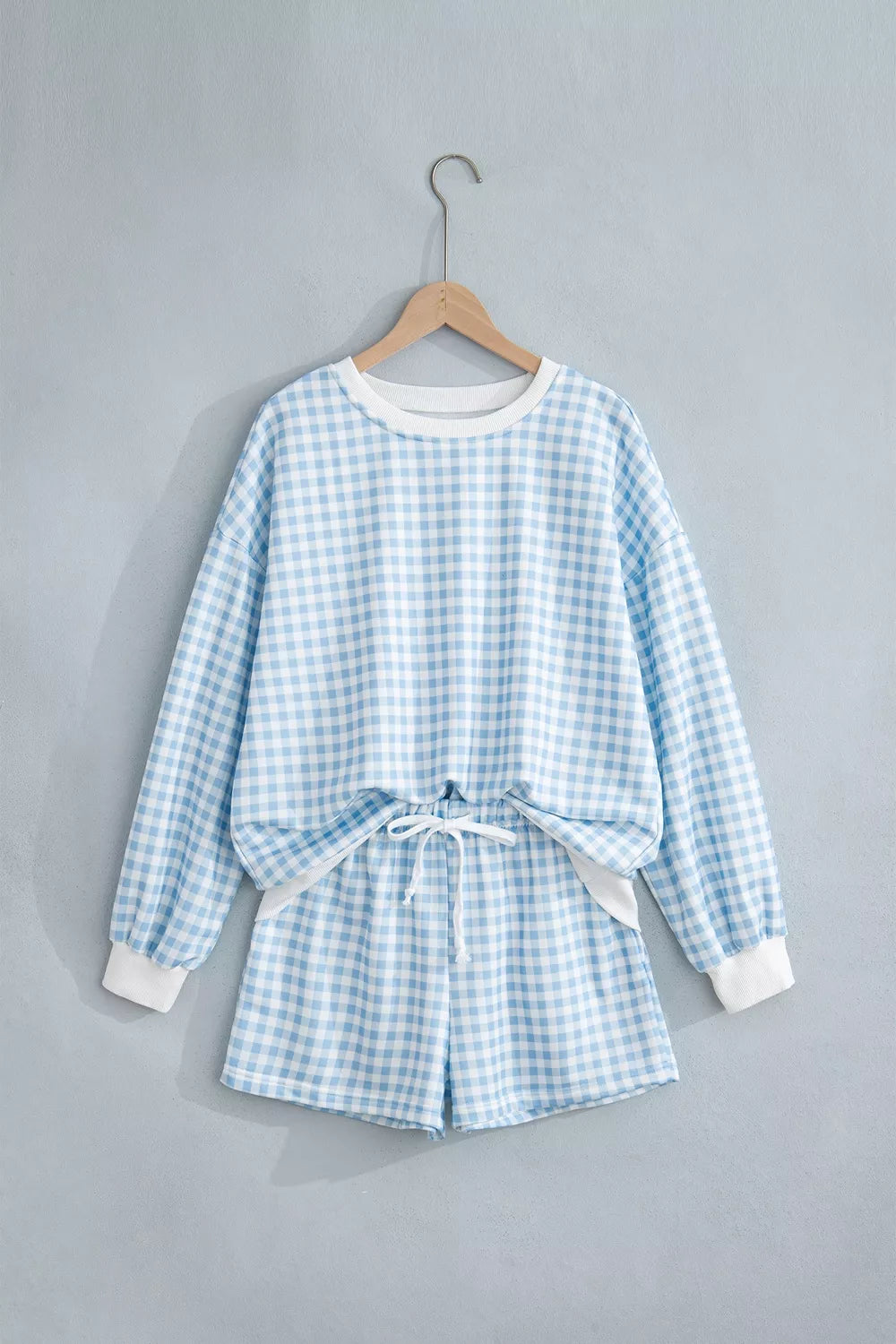 Gingham Long Sleeve Sweatshirt and Shorts Set - Light Blue - View 4