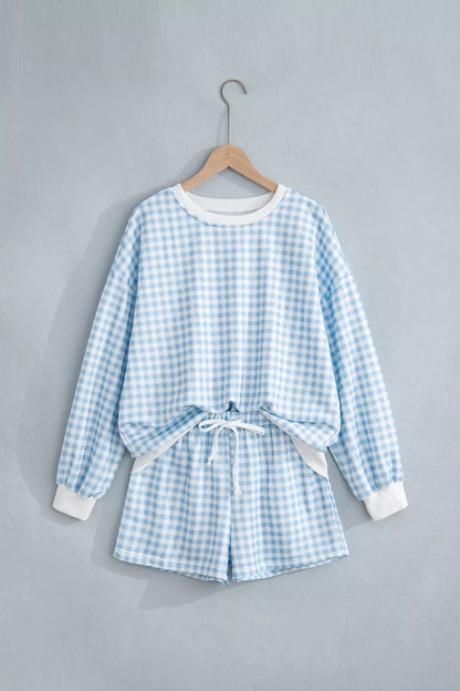 Gingham Long Sleeve Sweatshirt and Shorts Set - Light Blue - View 4