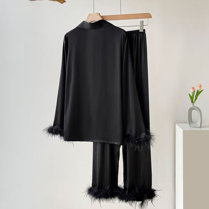 Lady's Luxurious Feather Ice Silk PajamasAutumn Elegant Satin Home Wear Suitable for Outerwear, Spring and Autumn