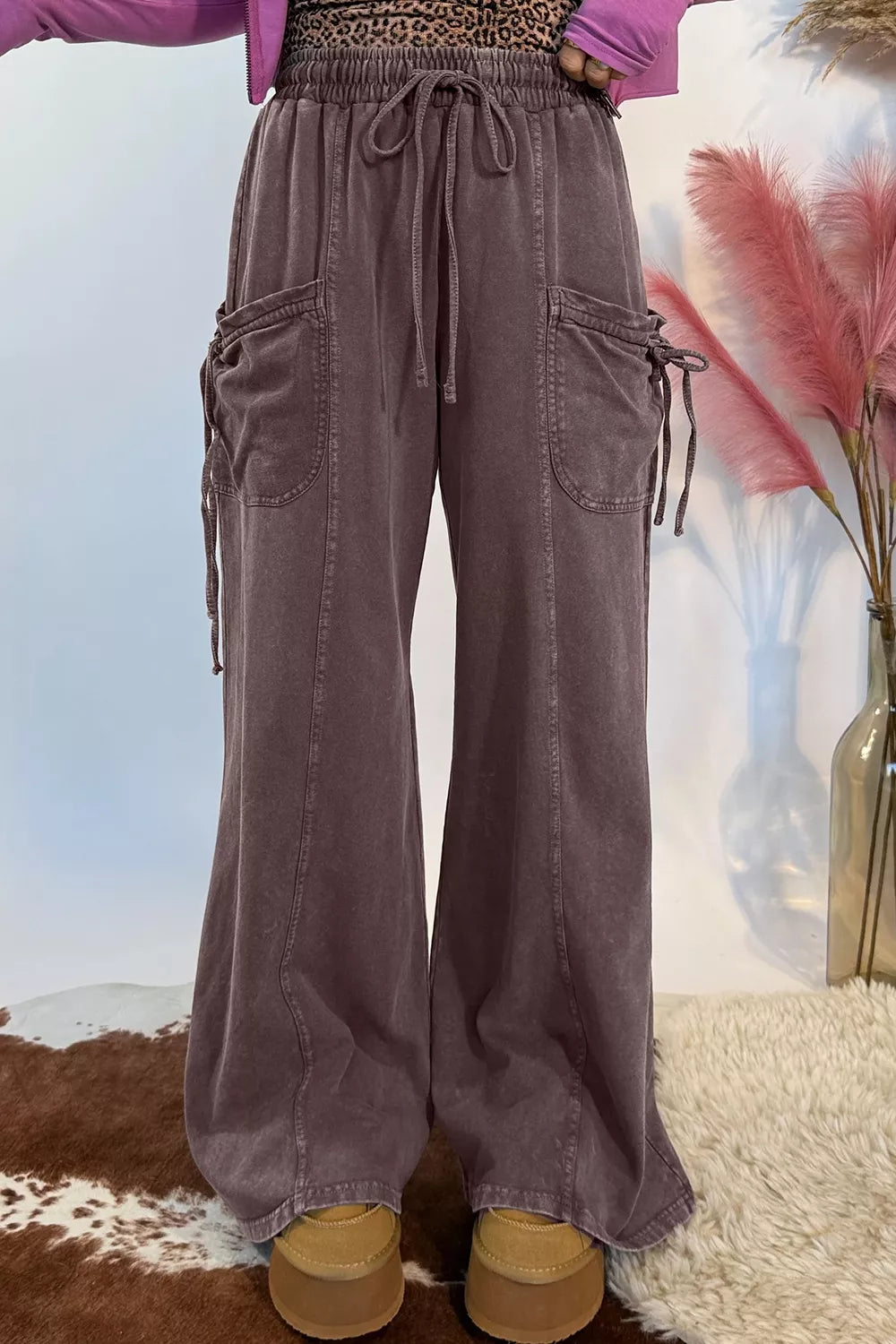 Mineral Wash Elastic Waist Drawstring Tie Detail Cargo Pants - Dark Brown - View 1