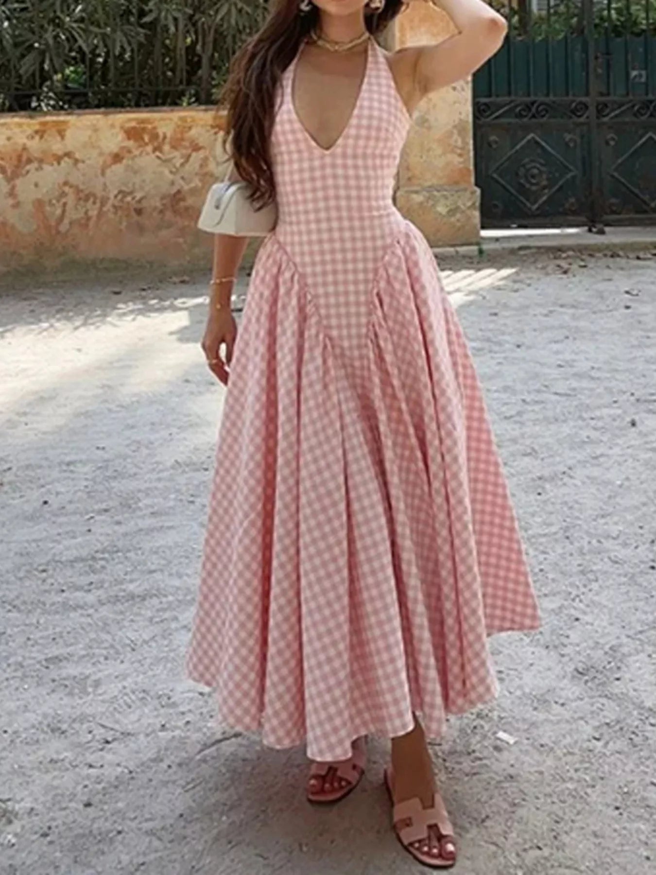 Full Size Gingham Halter Neck Maxi Dress Plus Size - Blush Pink - Styled Front View
