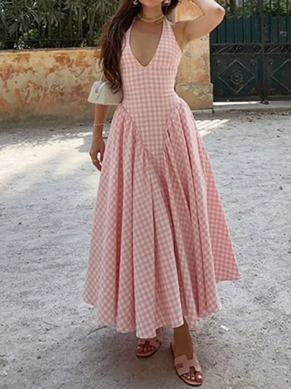 Full Size Gingham Halter Neck Maxi Dress Plus Size - Blush Pink - Styled Front View