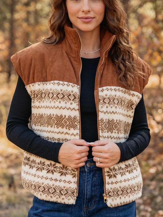 Geometric Print Fleece Metal Zipper Collar Patchwork Design Vest - Caramel - View 2