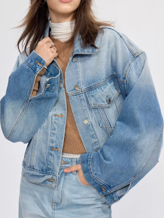 Button Up Dropped Shoulder Denim Jacket - Blue - View 1