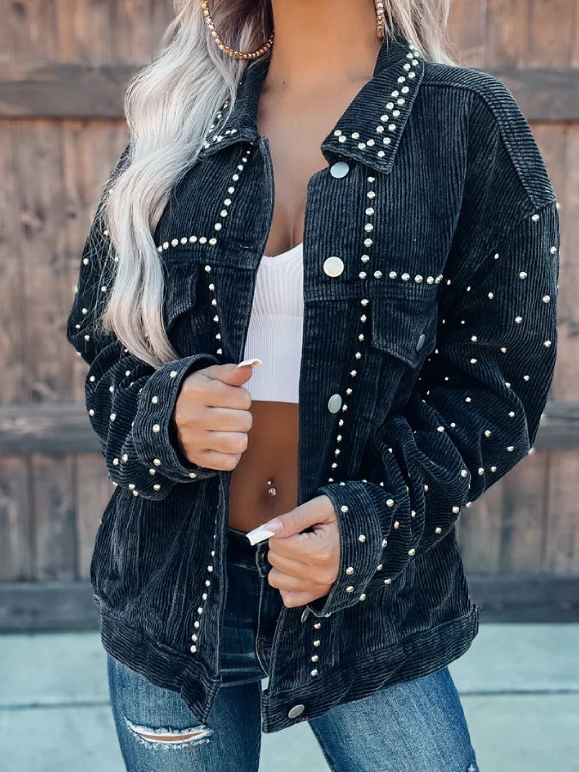Studded Collared Neck Button Down Jacket - Black - Front Detail View