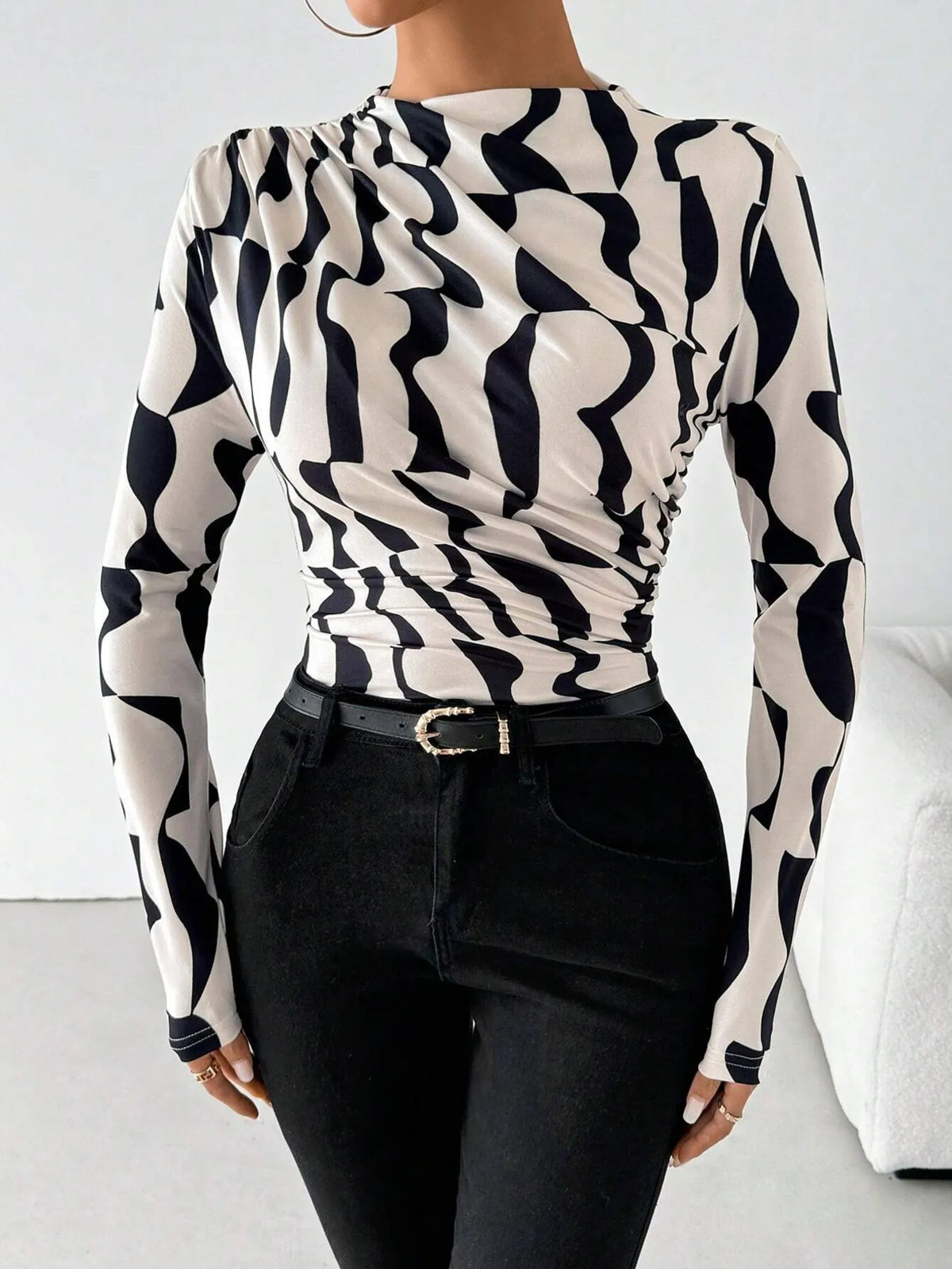 Printed Long Sleeve Blouse - Apricot - View 5