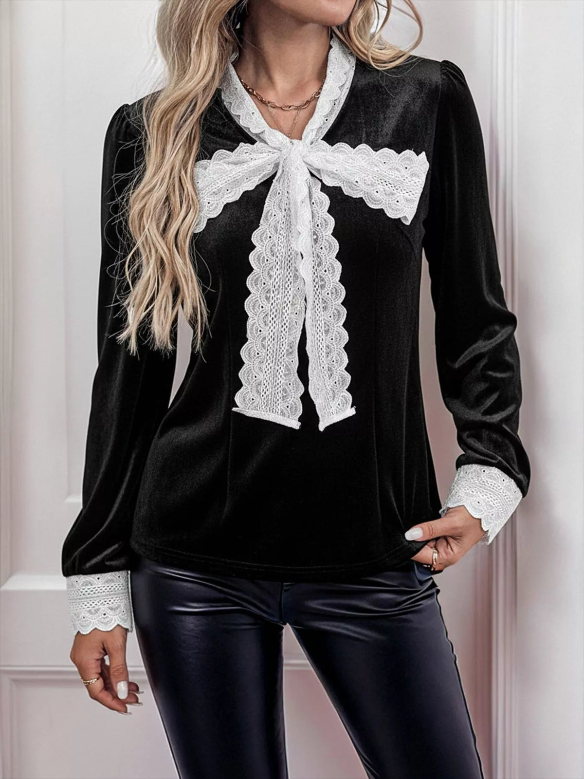 Lace Detail Long Sleeve Blouse - Black - View 1