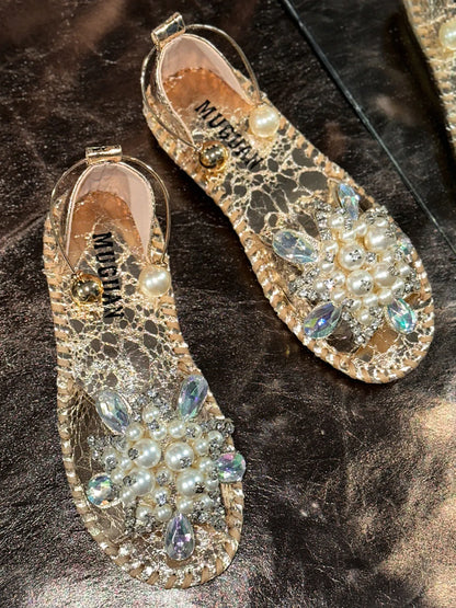 Pearl Embellished Flat Sandals - Gold - View 3