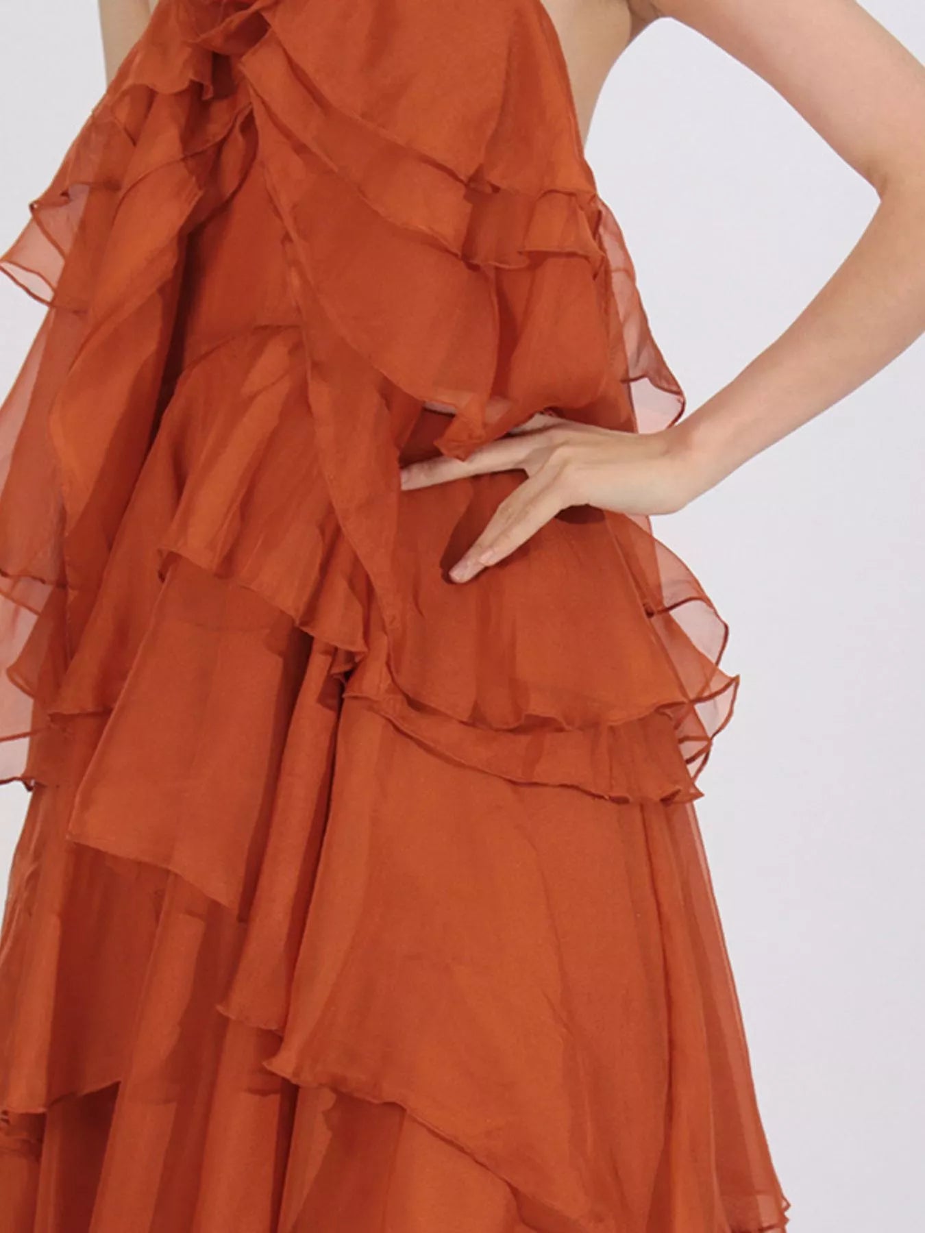 Ruffled Chiffon Halter Neck Maxi Dress - Orange - Tiered Ruffle Detail View