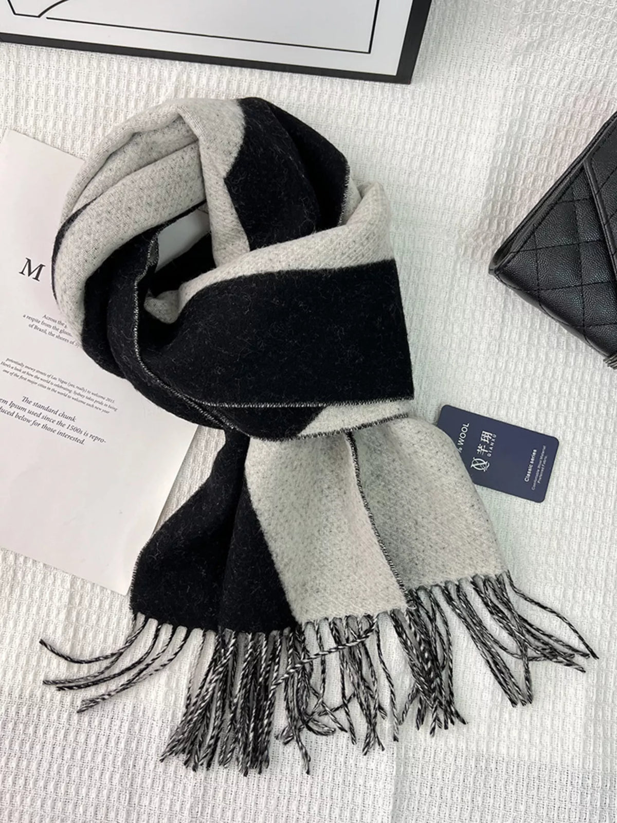 Fringe Color Block Scarf - Black Beige - View 4