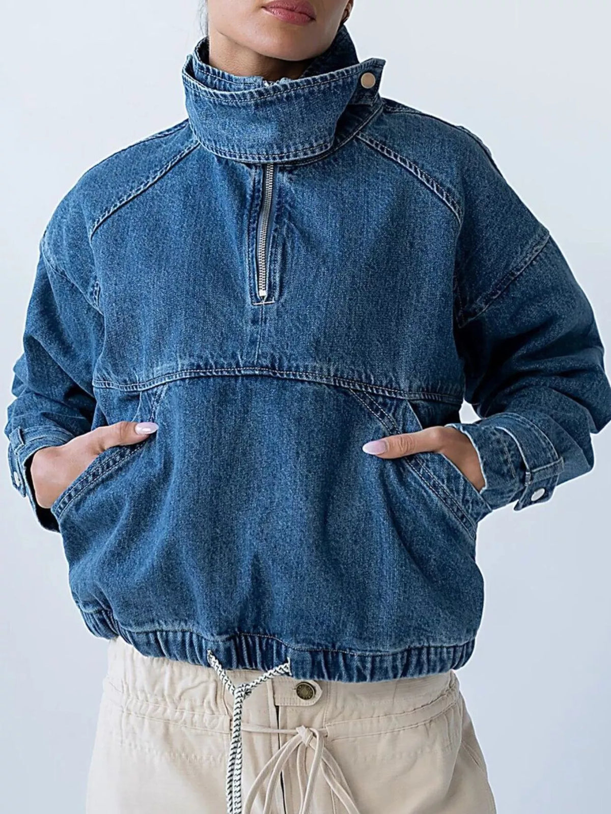 Half-Zip Turtleneck Denim Top - Blue - View 2