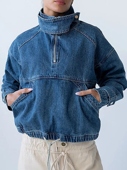 Half-Zip Turtleneck Denim Top - Blue - View 2
