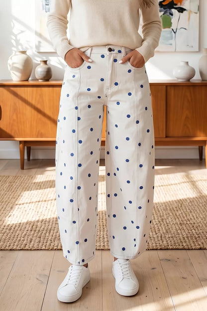 Polka Dot Wide-Leg Jeans - Light Blue - View 1