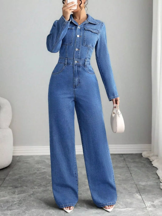 Button Front Long Sleeve Denim Jumpsuit - product photo 1