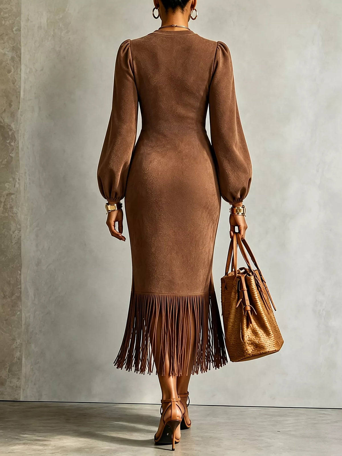 Fringe Balloon Sleeve Midi Dress - Coffee Brown - View 3