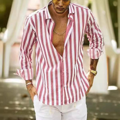 Classic Style Striped Long Sleeve Turn-Down Collar Loose Fit Shirt Men