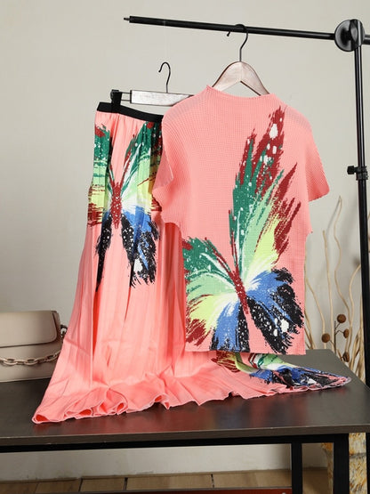 Vintage Temperament Gradient Short Sleeve Printed Shirt +  Elastic Waist Pleated Skirt Women 2 Piece Set