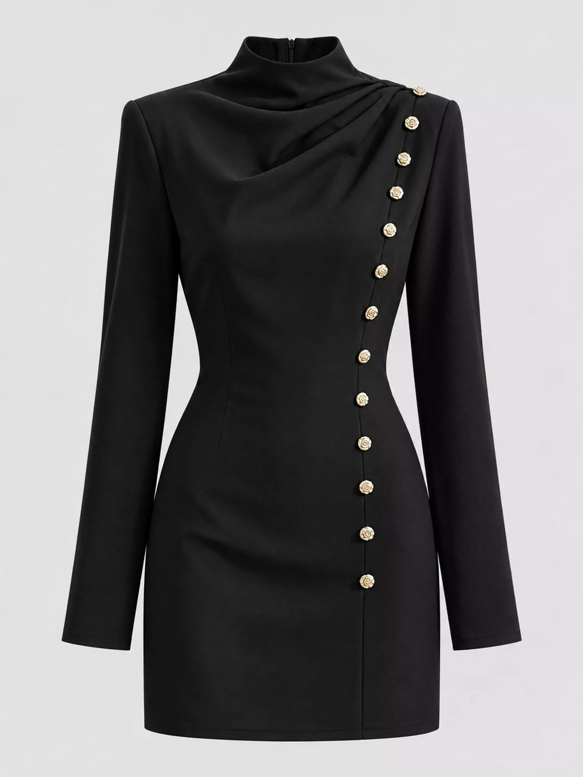 Full Size Decorative Button Mock Neck Mini Dress Plus Size - Black - View 8