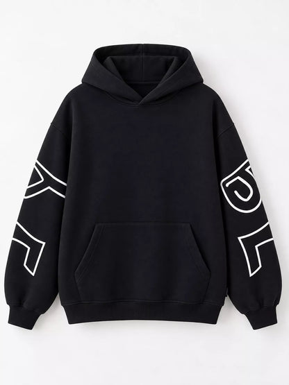 Letter Back Hoodie with Kangaroo Pocket - Black - View 4