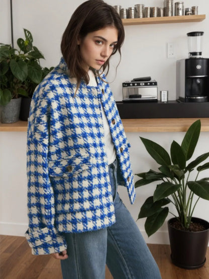Houndstooth Button Up Long Sleeve Jacket - Blue - View 3