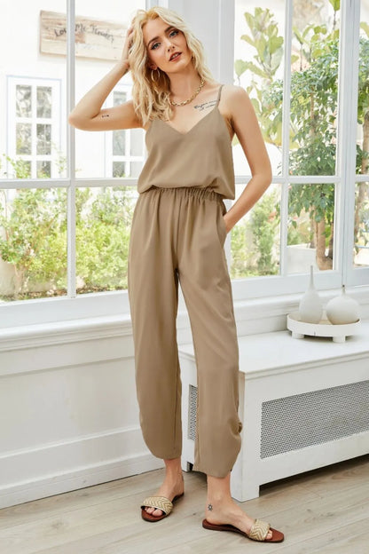 V-Neck Spaghetti Strap Sleeveless Jumpsuit - Khaki - View 1